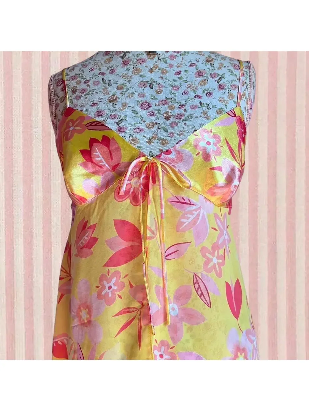 y2k vintage yellow floral babydoll dress and thong set
